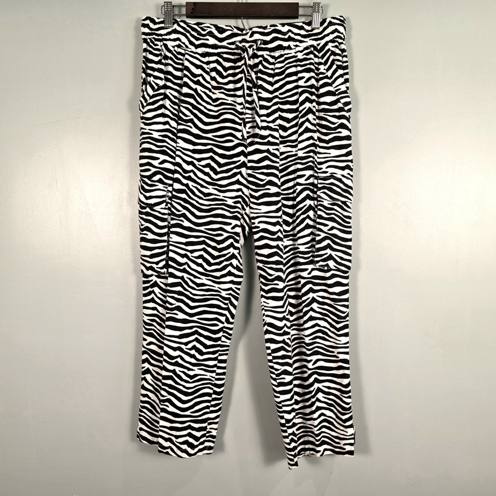 Jules & Leopold Zebra Print Cargo Pants Womens XL Linen Blend Drawstring Black